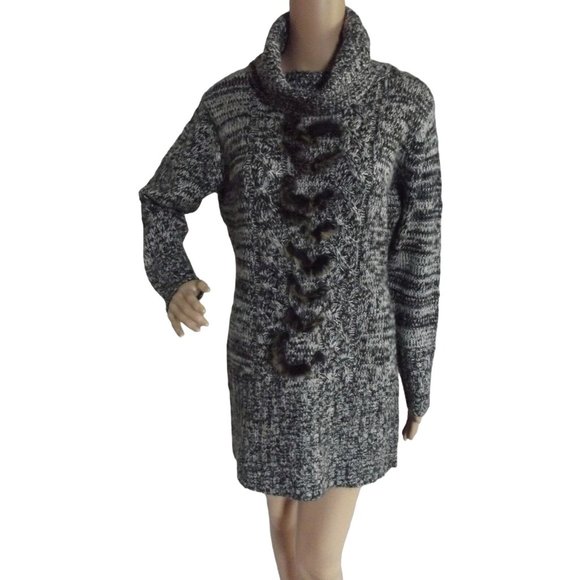 H & M Size Large Black White Melange Cowl Neck Tunic Sweater faux fur l - Picture 1 of 7